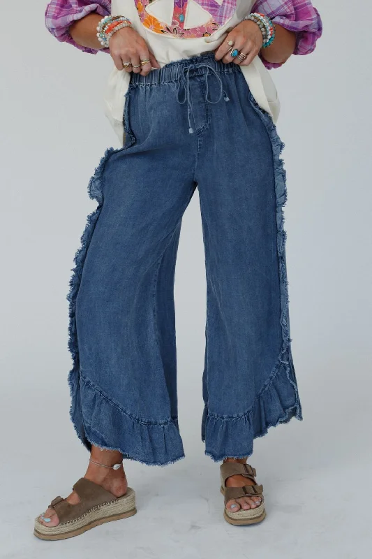 Drift Wave Ruffle Wide Leg Pants - Denim Relaxed Linen Pants