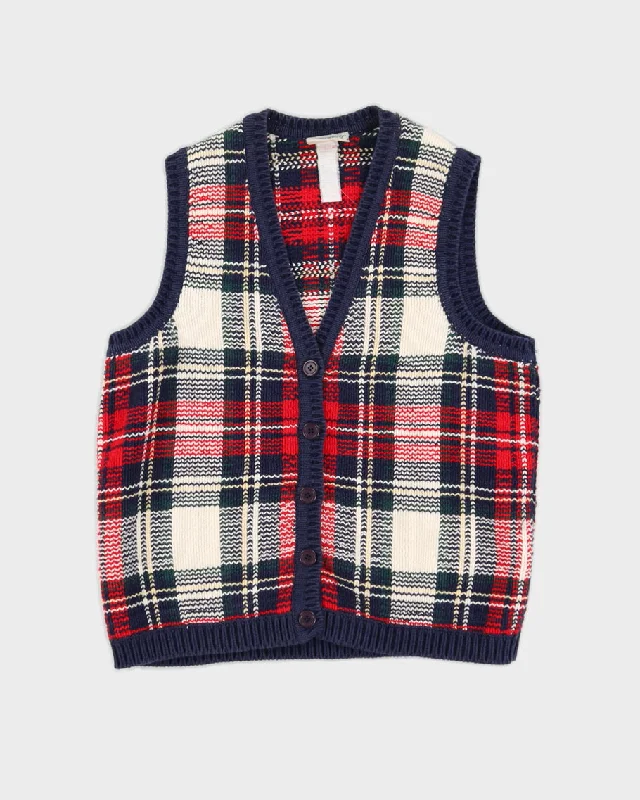 Vintage 90s Northern Reflections Plaid Knit Oversize Sleeveless Cardigan - M/L Real Fur Shearling Chenille