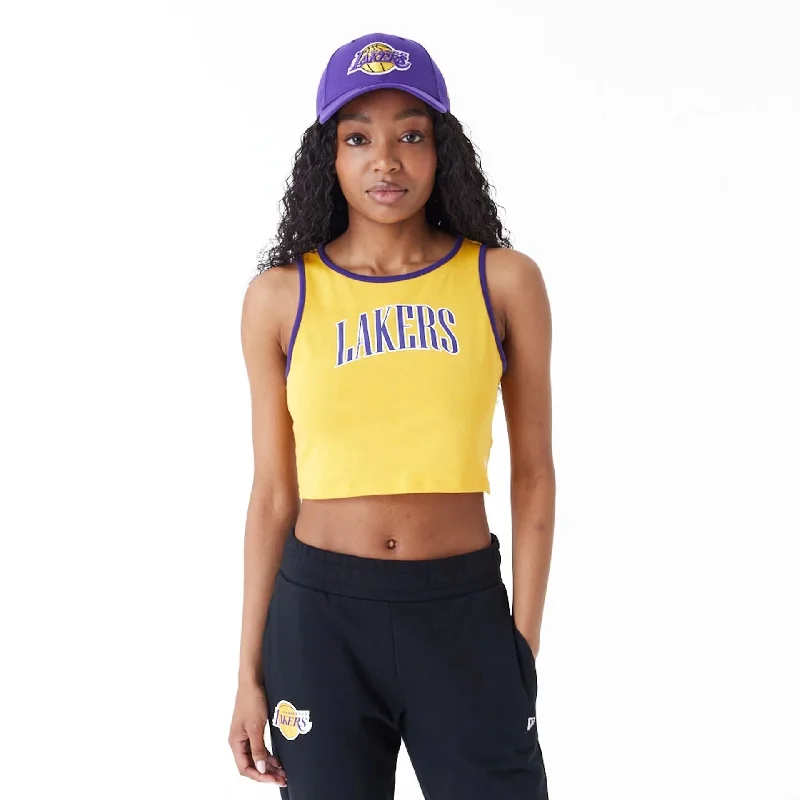 LA Lakers Womens Womens NBA Team Wordmark Yellow Crop Tank Top gold tank top