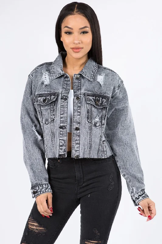 Cropped Chained Denim Jacket Boat Neck Shawl Collar Notched Collar