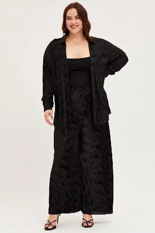 Black Pants High Rise Plisse Elastic Waist Cozy Full-Length Pants