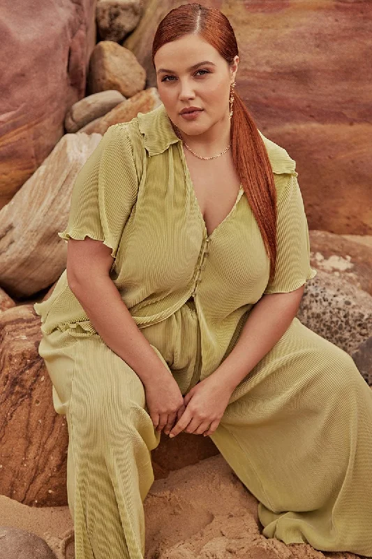 Green Plisse Pants Wide Leg High Rise Comfy Cargo Trousers