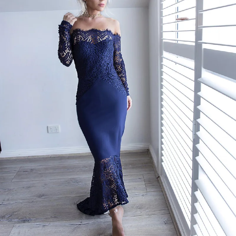 Off Shoulder Prom Dress, Jersey Mermaid Long Sleeve Prom Dress, Lace Party Dresses, LB0729 Halter Neckline Beach