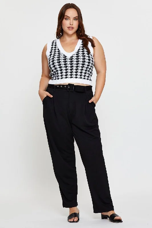 Black Slim Leg Pants High Rise Belted Cozy Fitted Pants