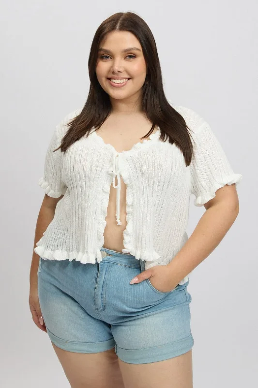 White Tie Up Cardigan Short Sleeve Mesh Blend Leather Blend Suede Blend