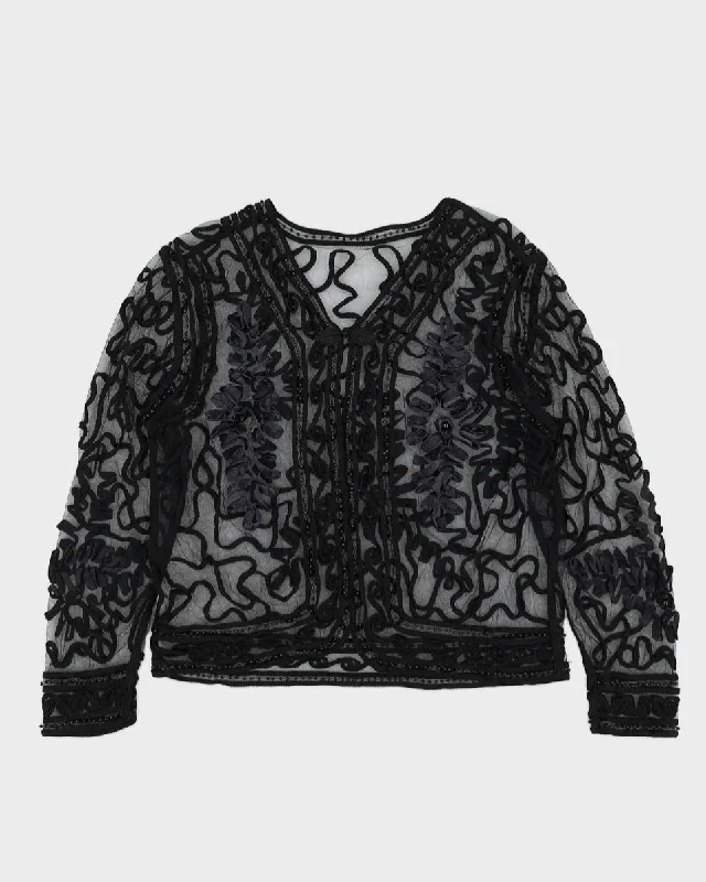 Black RIbbon Lace Sheer Cardigan Style Top - S Solid Print Embellished