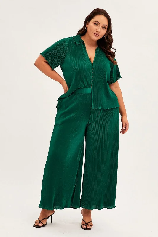 Green Plisse Pant Front Wide Leg Stylish Elastic Waist Pants