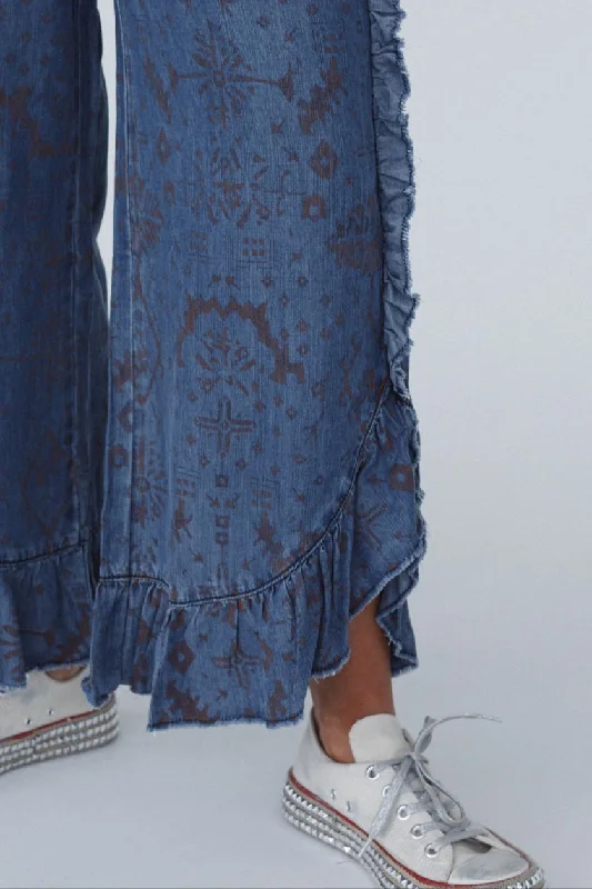 Zhara Printed Ruffle Hem Pants - Denim Trendy Wide-Legged Trousers
