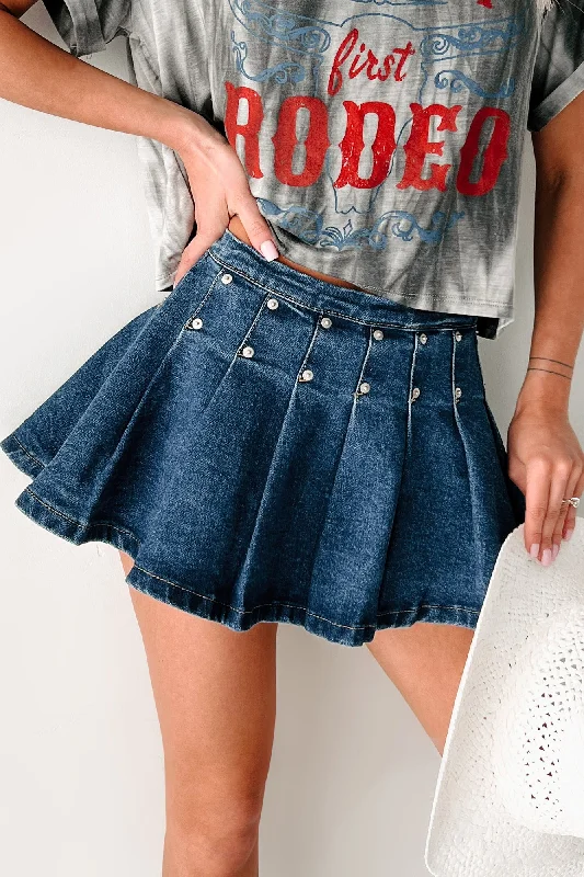 Boastful Generation Gatlin Pleated Mini Skirt (Denim) denim skirt casual