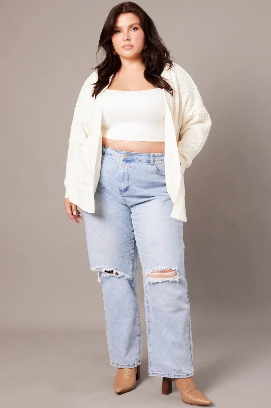 White Knit Cardigan Longline Chenille Zippered Front Buttoned Front Snap Front