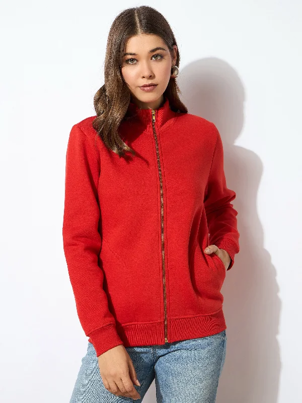 Women Red Fleece Zipper Jacket Front Pockets Side Pockets Patch Pockets