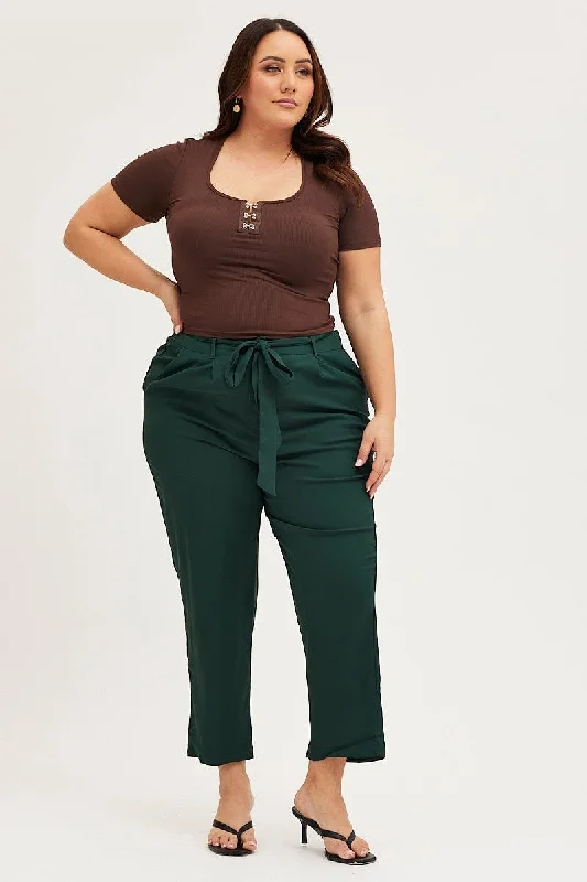 Green Crop Pants High Rise Waist Tie Fashionable Tapered Leg Pants