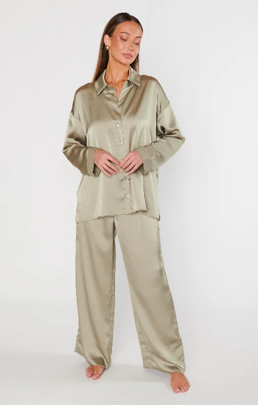 Prep Time Pants ~ Moss Green Luxe Satin Cozy Full-Length Pants
