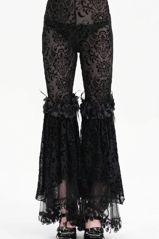 Black Embroidery Lace Sheer Mesh Tassels Women's Gothic Pants Classic Straight Pants