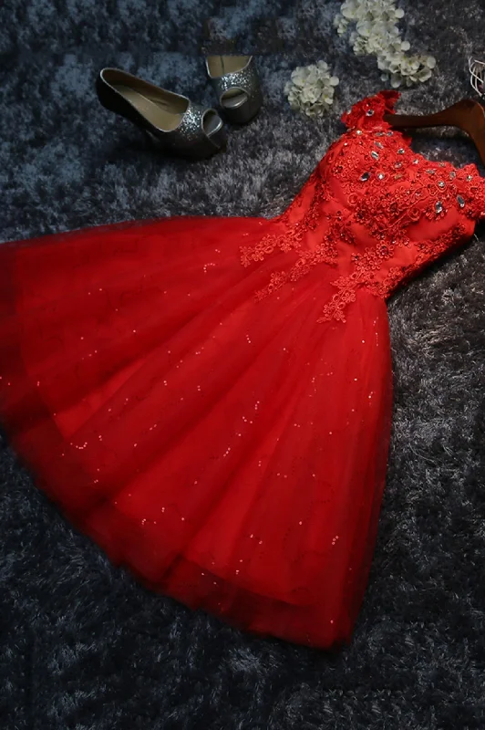 Cute Lace Short A-Line Prom Dresses, Off the Shoulder Party Dresses Tunics Satin smooth
