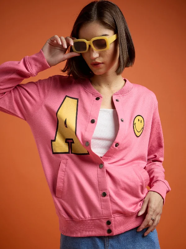 Women Pink Terry Smiley Patch Printed Varsity Jacket Oversized Jacket Tailored Jacket Straight Jacket Women Pink Terry Smiley Patch Printed Varsity Jacket Oversized Jacket Tailored Jacket Straight Jacket