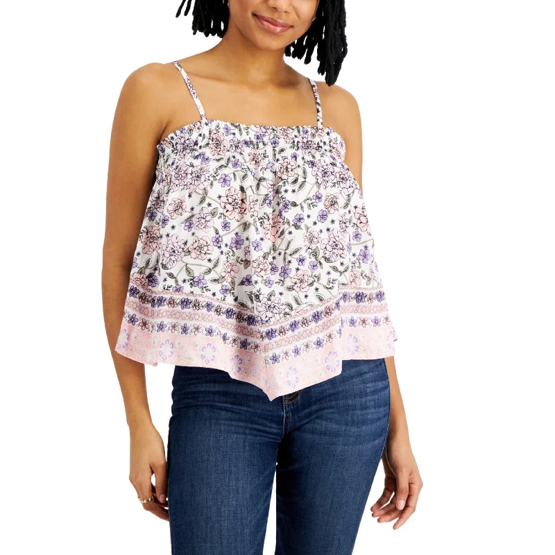PLANET GOLD - Floral Smocked Ruffle tank top soft tank top