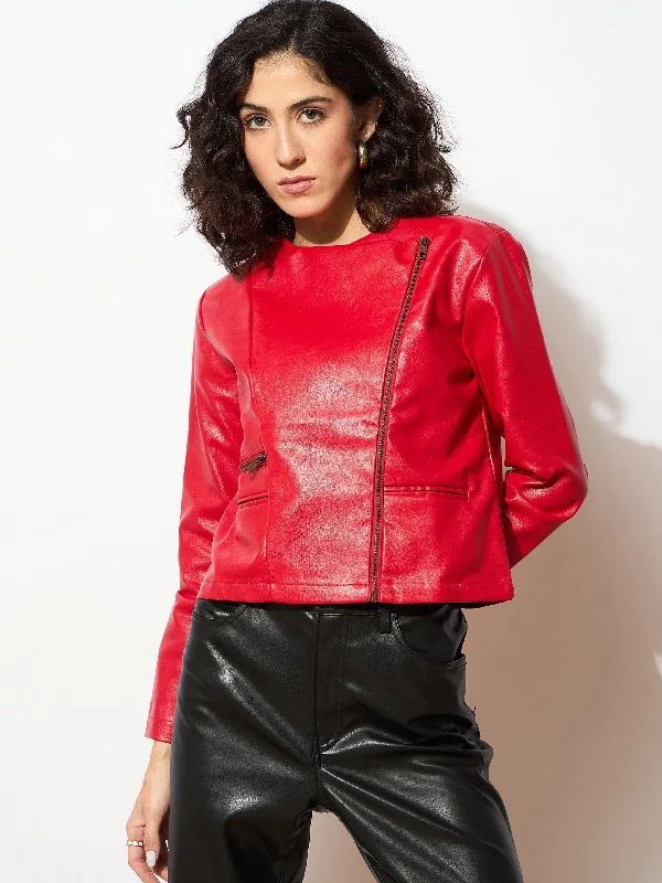 Women Red PU Biker Jacket Elasticated Jacket Padded Jacket Insulated Jacket