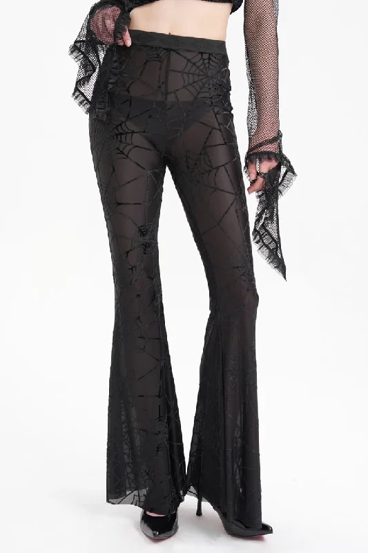 Black Spider Embroidery Sheer Women's Gothic Pants Comfortable Pleated Pants