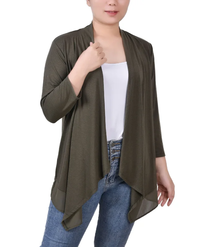 Women's 3/4 Sleeve Sharkbite Hem Cardigan Welt Pockets Slit Pockets Flap Pockets