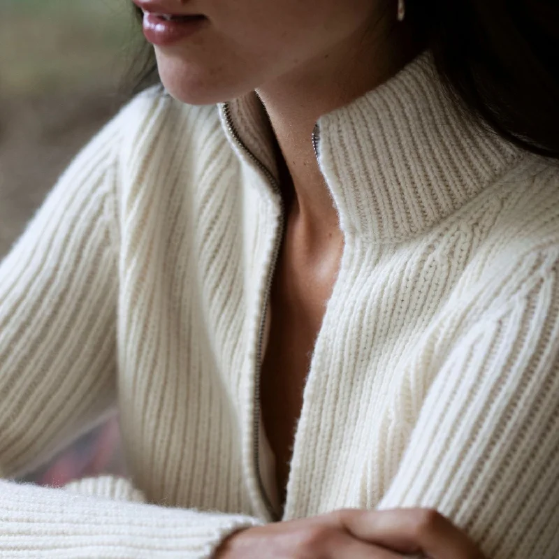 Women's Ribbed Zip Wool Cardigan Chenille Brocade Lace