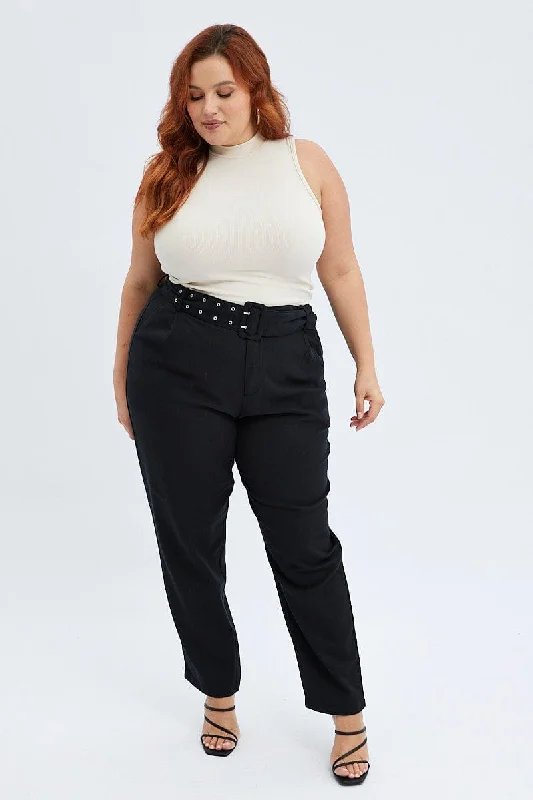 Black Pants Smart Slim Leg Double Buckle Elegant High-Waist Pants