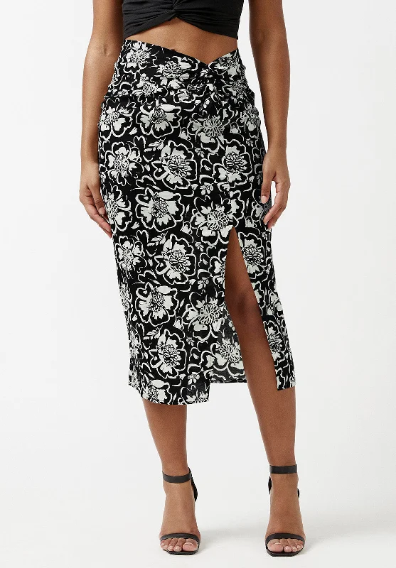 Salome Black and Cream Flower Print Twist-Front Skirt - WS0002S silk skirt smooth