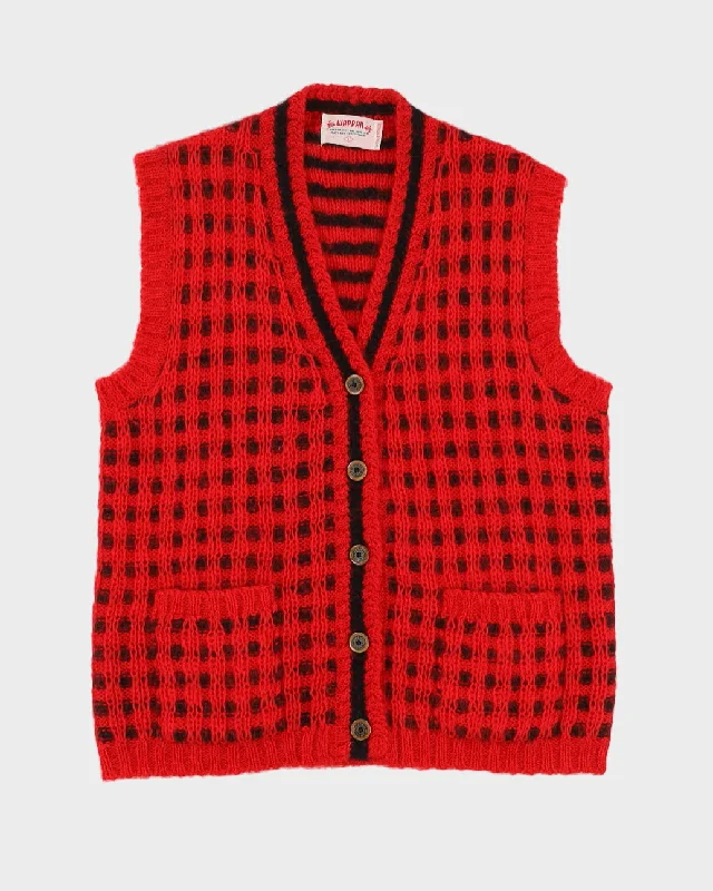 1990s Red Knitted Sleeveless Cardigan - M Spandex Blend Rayon Blend Denim Blend