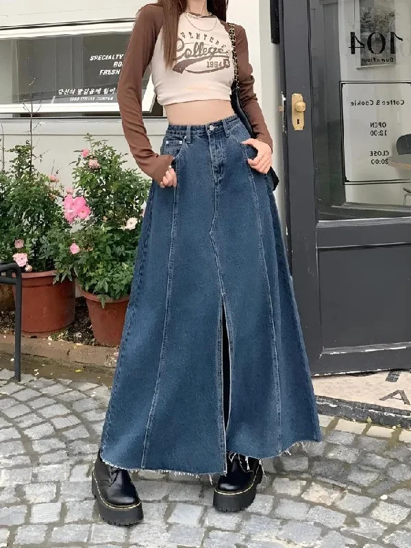 Denim Slit Frayed Hem Maxi Skirt silk skirt lustrous