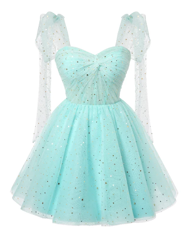 Sparkly Starry Mint Green Tulle Short Homecoming Dresses Spaghetti Bow Straps Prom Dress Sequin Cocktail Party Dress for Teens High-Low Hemline Casual