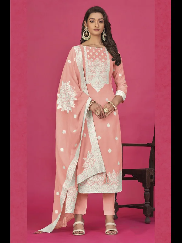 Peach Designer Readymade Organza Pant Suit With Wevon Design Baadla Work Stretch Fit Pants