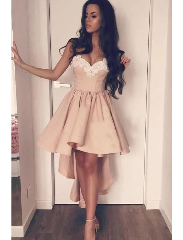 A-Line Cocktail Dresses Party Dress Asymmetrical Sleeveless Satin Backless with Appliques sweetheart Neckline Romantic