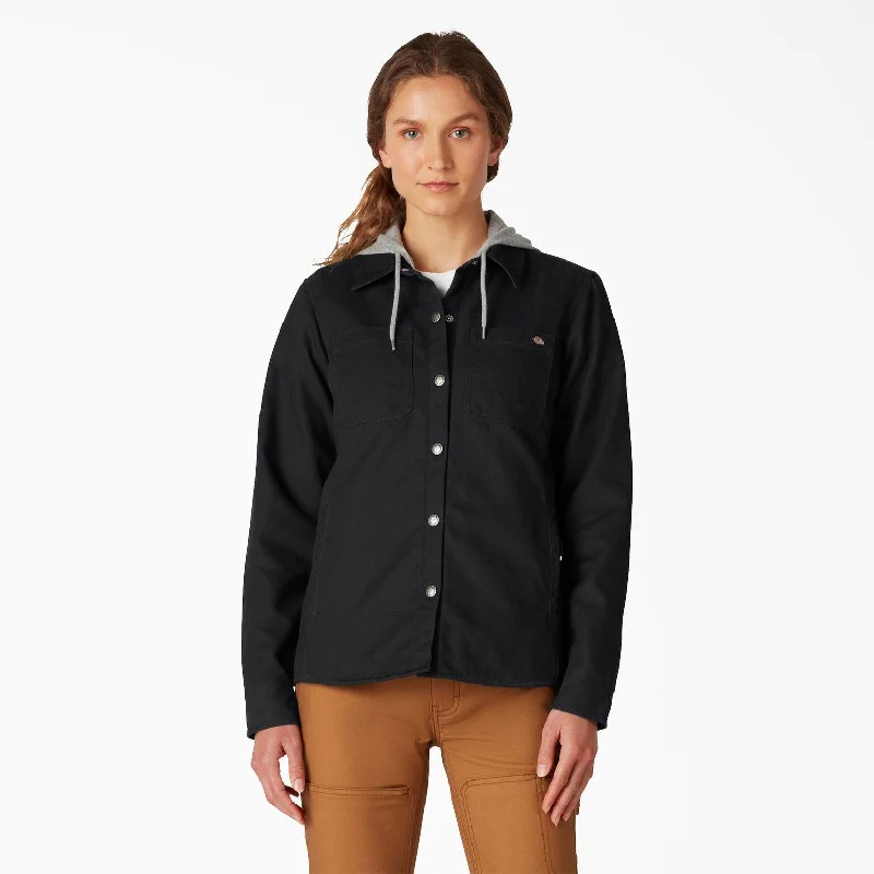 Women's Duck Hooded Shirt Jacket - Black Fleece Jacket Down Jacket Feather Jacket