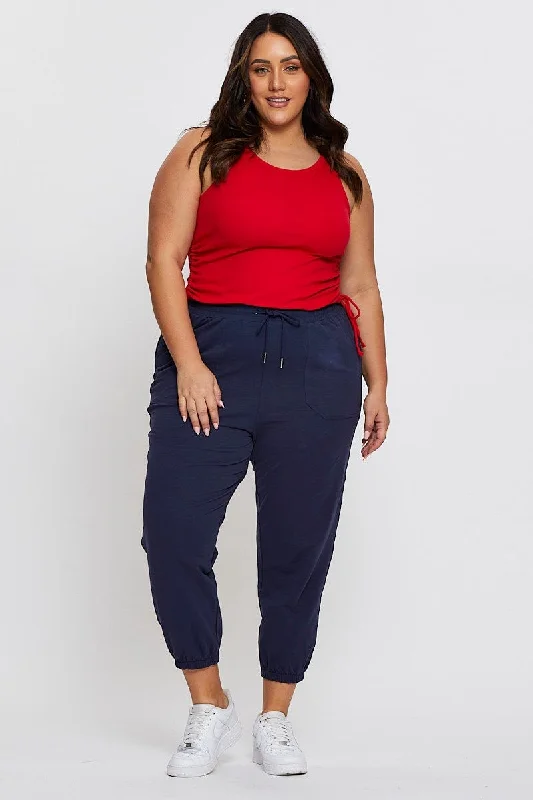 Steel Blue Track Pants High Rise Elastic Waist Trendy Work Pants