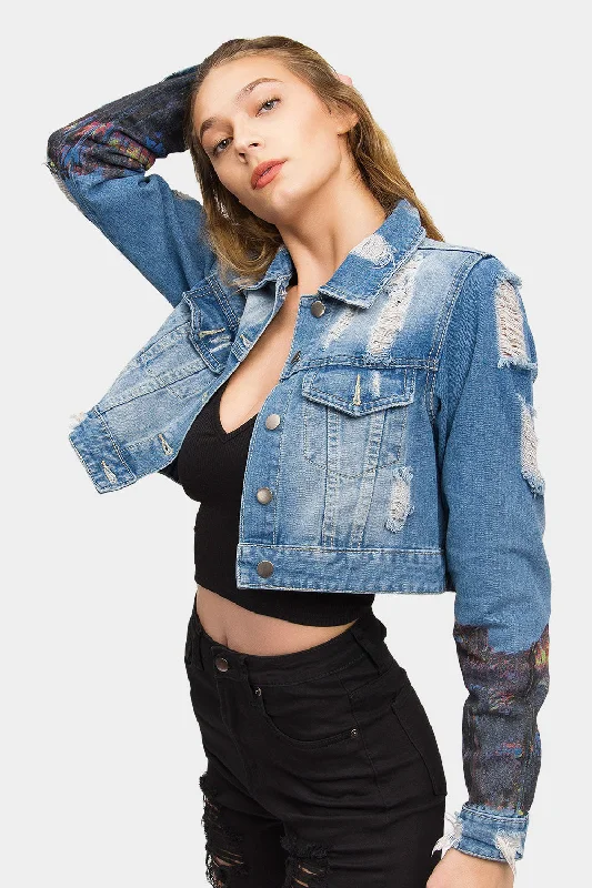 Hollywood Print Cropped Denim Jacket Denim Jacket Leather Jacket Suede Jacket