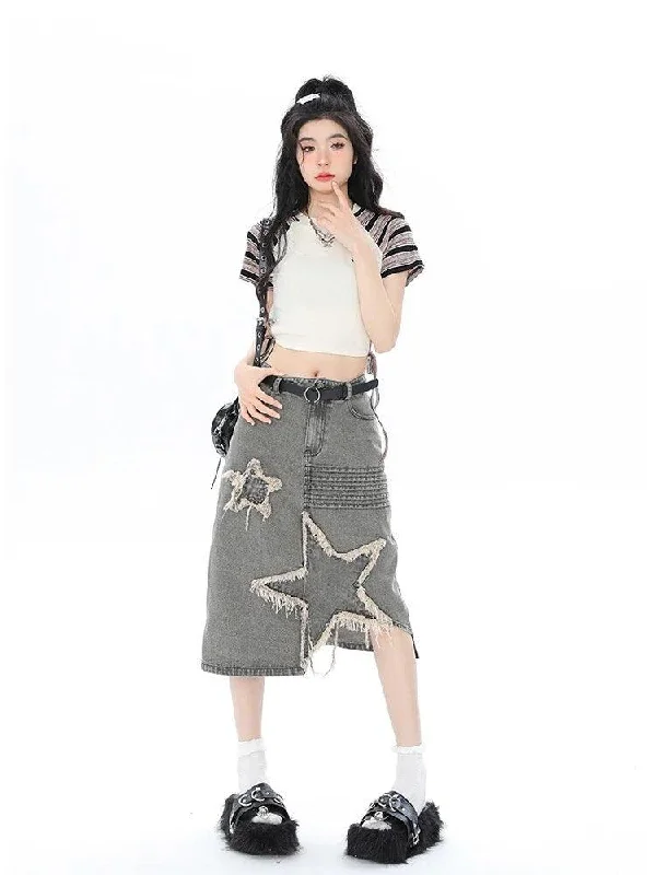Y2K Star Patchwork Midi Skirt linen skirt breathable