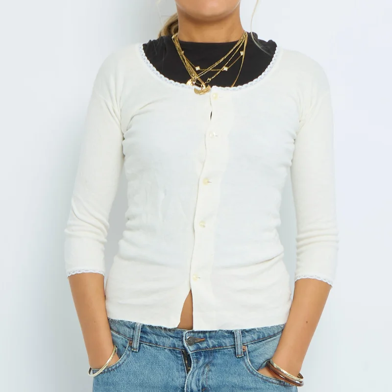 Fine Knit 3/4 Sleeve Cardigan - UK 10 Ribbed Striped Patterned