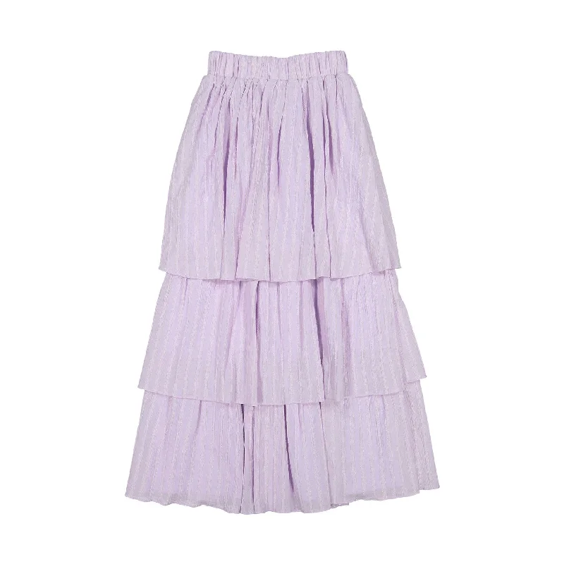 Ava and Lu Lavendar Pin Striped Ruffled Maxi Skirt velvet skirt luxury