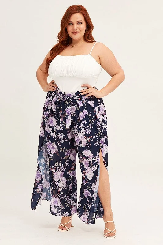 Floral Print High Rise Floral Wide Leg Pants Slim Fit Casual Pants