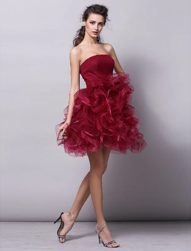 Cocktail Party Dress Strapless Sleeveless Short Mini Tulle with Ruched Tier Peplum Ruffle Cocktail