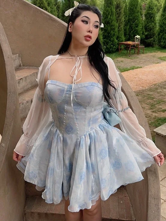 Princess Dolly Summer Blue Sweetheart Plus Size Floral Print Dress + Blue Mesh Cardigan Top Set Houndstooth Herringbone Solid