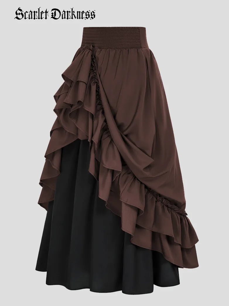 Victorian Dual Layer Ruffled Hem Back Adjustable Skirt belted skirt waist