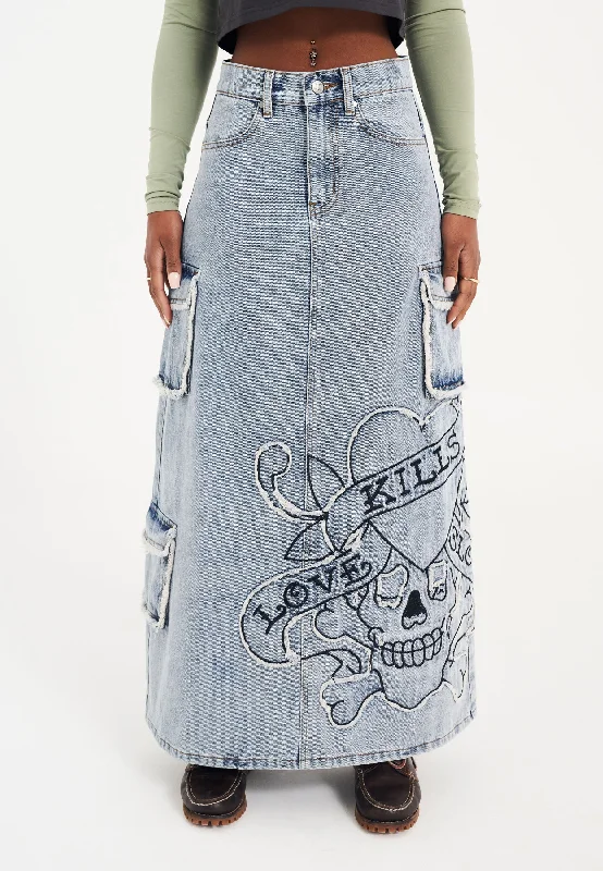 Womens Raw Edge Lks Denim Maxi Skirt - Bleach seamless skirt comfort