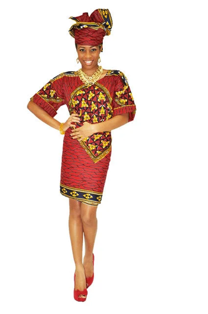 Deep-Red, Goldish Yellow African Print Top and Wrap Skirt-DP3786 button skirt front