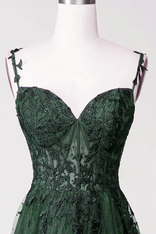 Dark Green Tulle With Lace Beaded Straps Prom Dress, Green Long Formal Dress Party Dress Tunics Office stylish