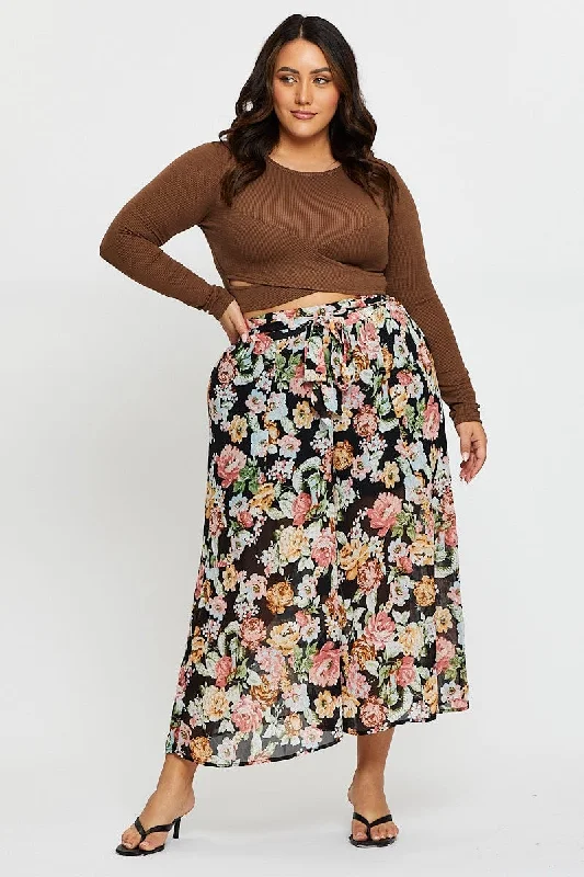 Floral Print Wide Leg Pants High Rise Comfortable Denim Pants