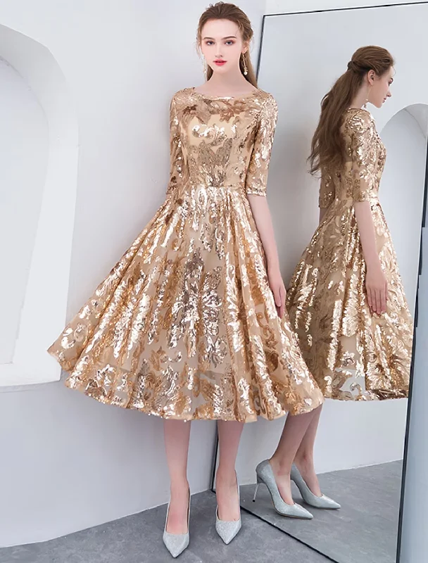 A-Line Cocktail Dresses Party Dress Holiday Tea Length Half Sleeve Jewel Neck Sequined with Tunics Plaid country