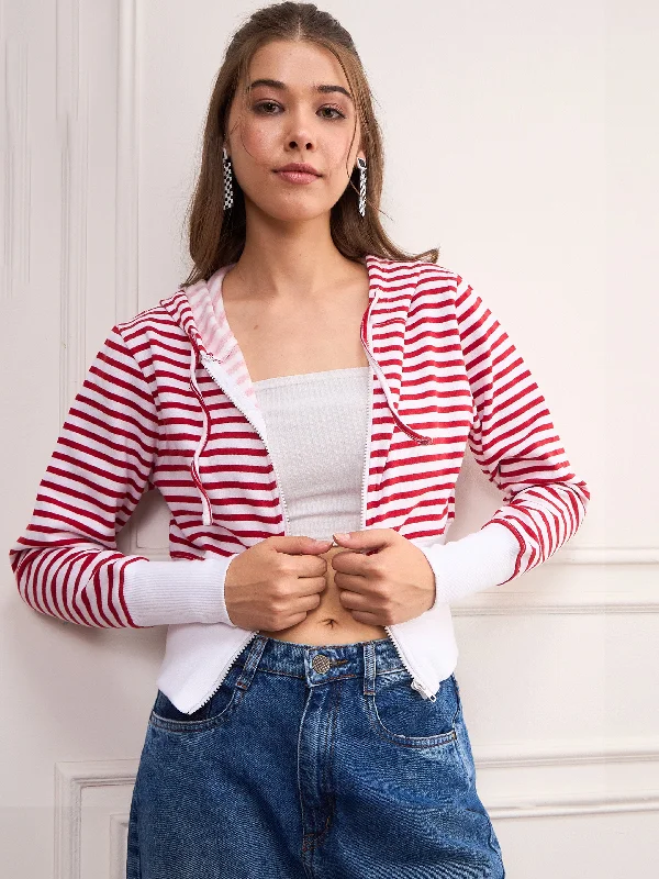 Women Red & White Striped Fleece Hooded Jacket Jersey Jacket Tulle Jacket Batik Jacket Women Red & White Striped Fleece Hooded Jacket Jersey Jacket Tulle Jacket Batik Jacket