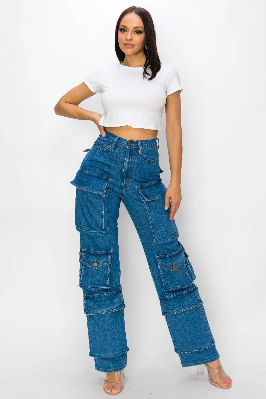 40607 Women's High Rise Cargo Pants W/ Multiple Cargo Pockets Fashionable Sporty Pants