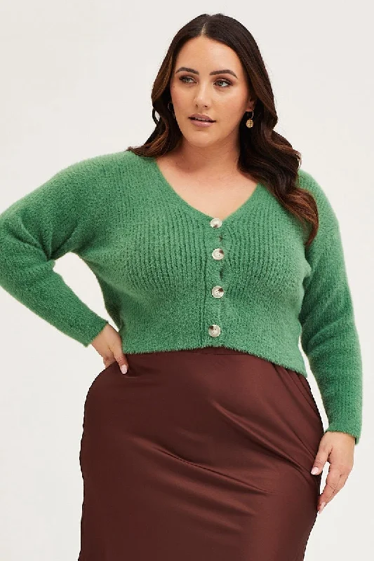 Green Cardigan Long Sleeve Fluffy Semi Crop Knit Stretchy Elastic Breathable